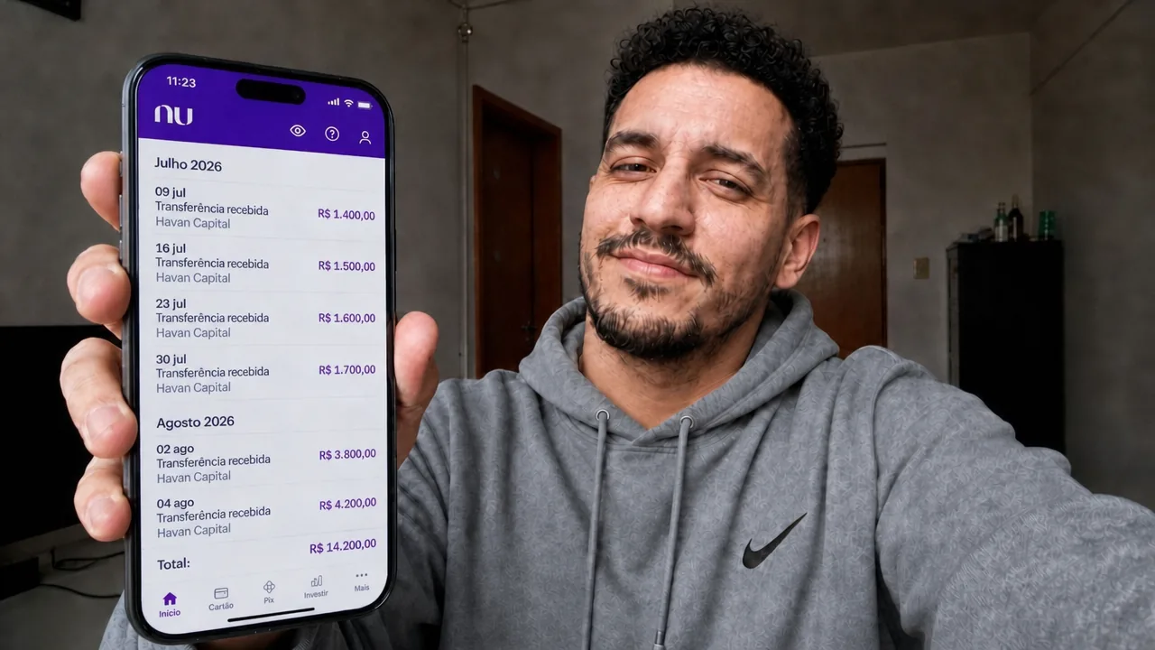 Lucas Mendes segura o celular com o aplicativo do Nubank aberto, mostrando a lista de transferências recebidas da Silber Markt GPT: R\$ 1.400 em 9 de julho, R\$ 1.500 em 16 de julho, R\$ 1.600 em 23 de julho, R\$ 1.700 em 30 de julho, R\$ 3.800 em 2 de agosto, R\$ 4.200 em 4 de agosto. Total: R\$ 14.200,00.
